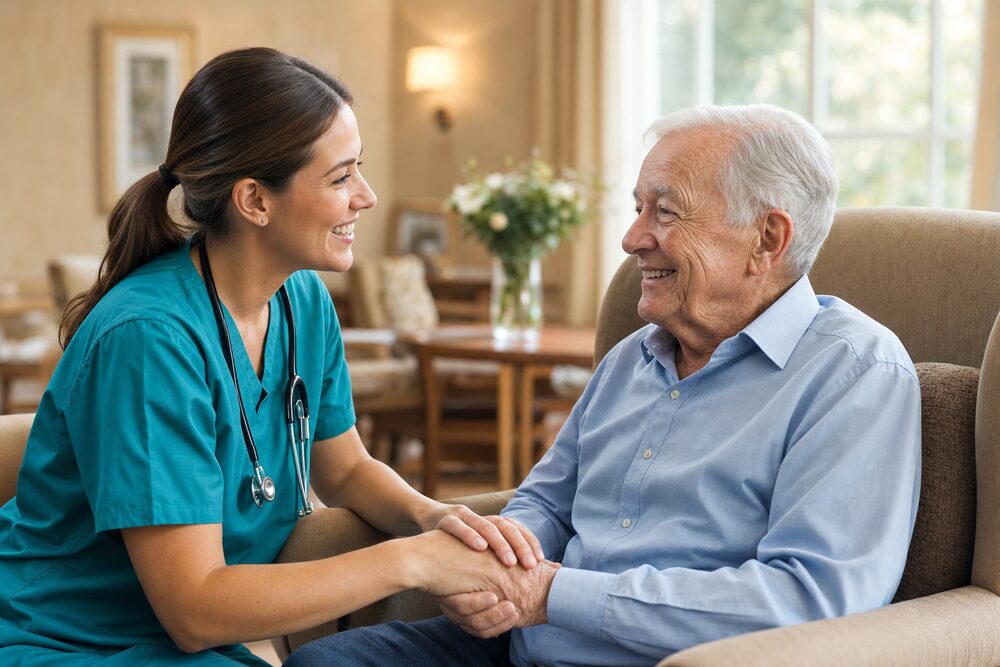 A caregiver gently holding the hands of a smiling elderly resident