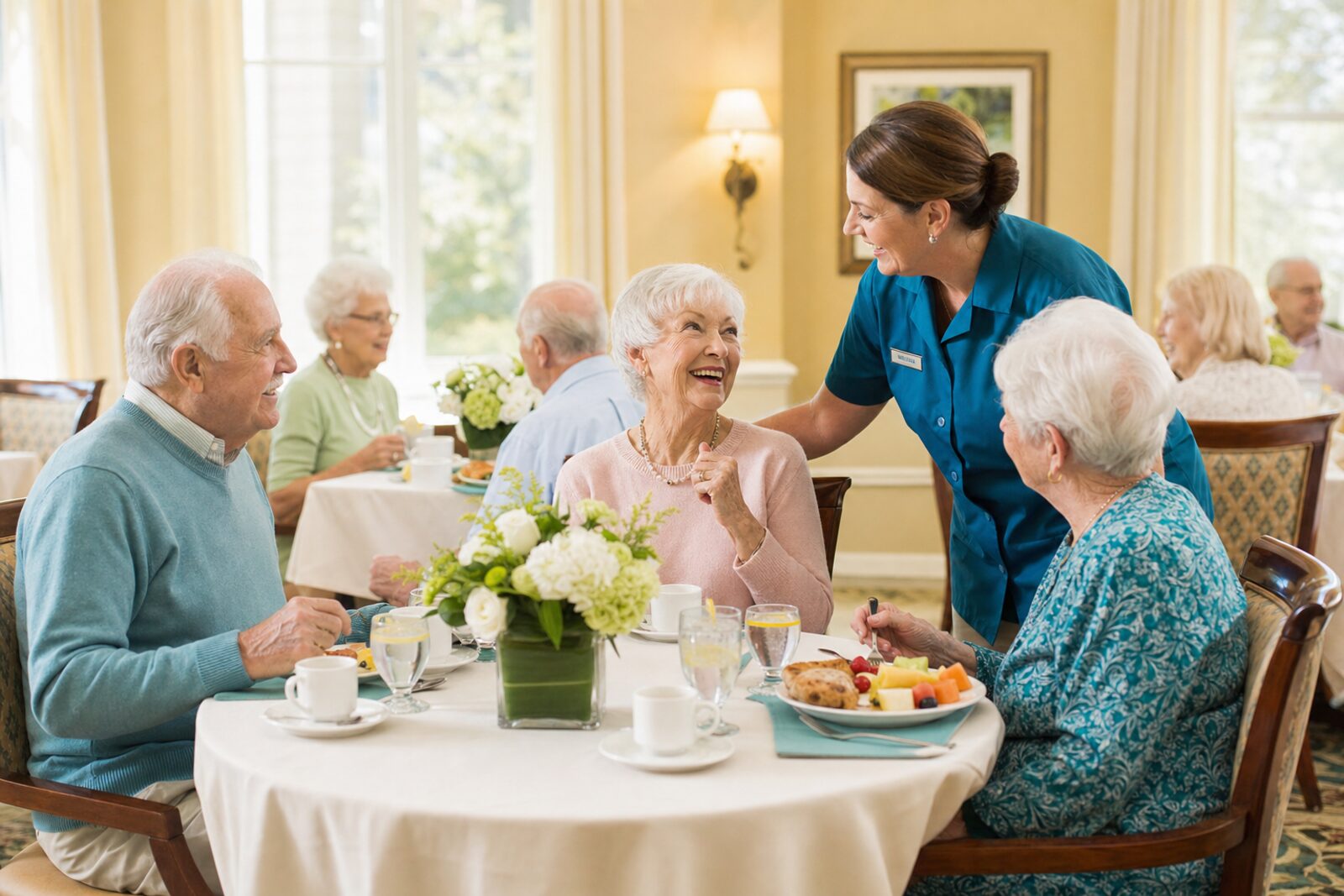 Residents and staff sharing a meal together at tables in a bright dining room