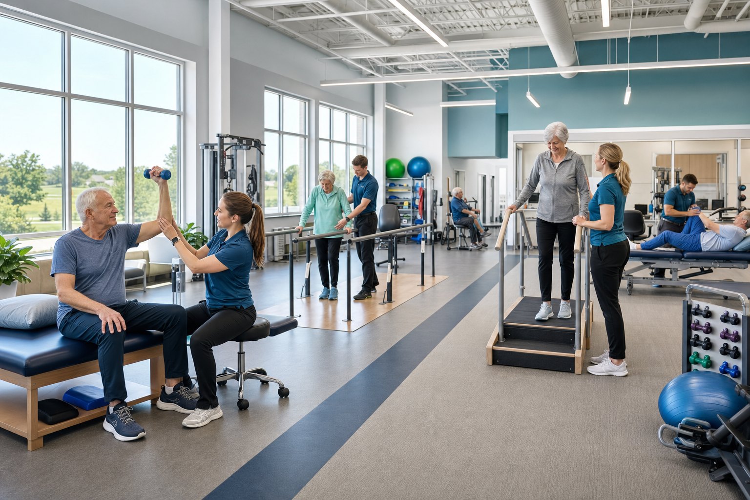 A physical therapist helping an elderly resident walk using parallel bars in a bright rehab gym