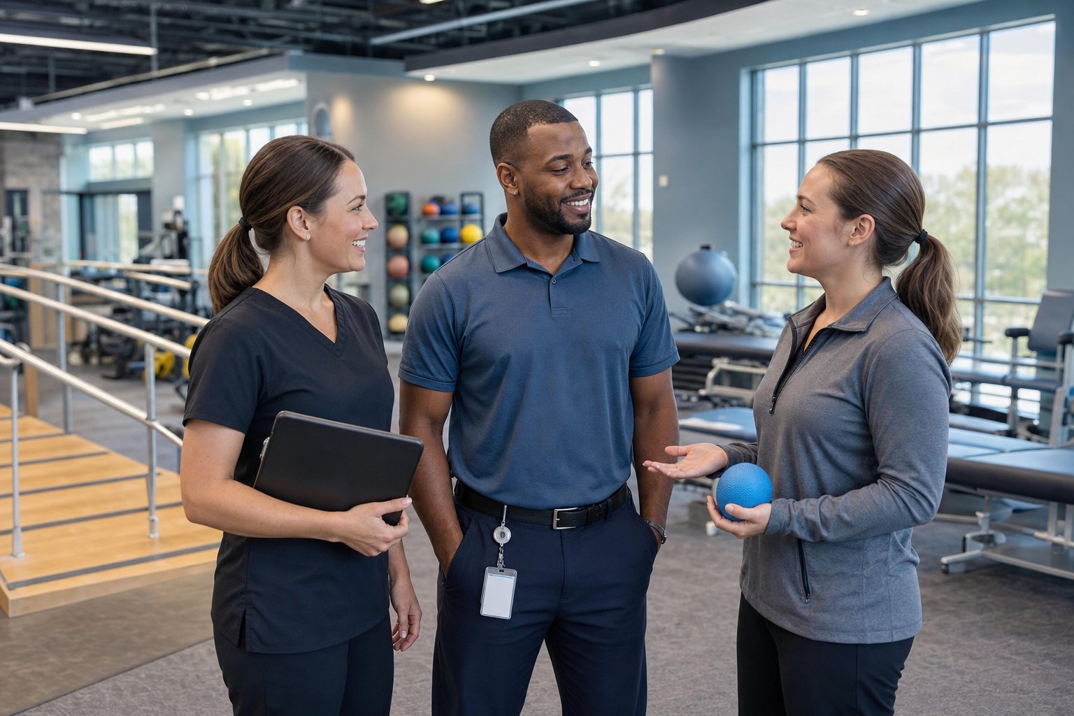 A diverse Silver Oak care team of three smiling together in a bright hallway